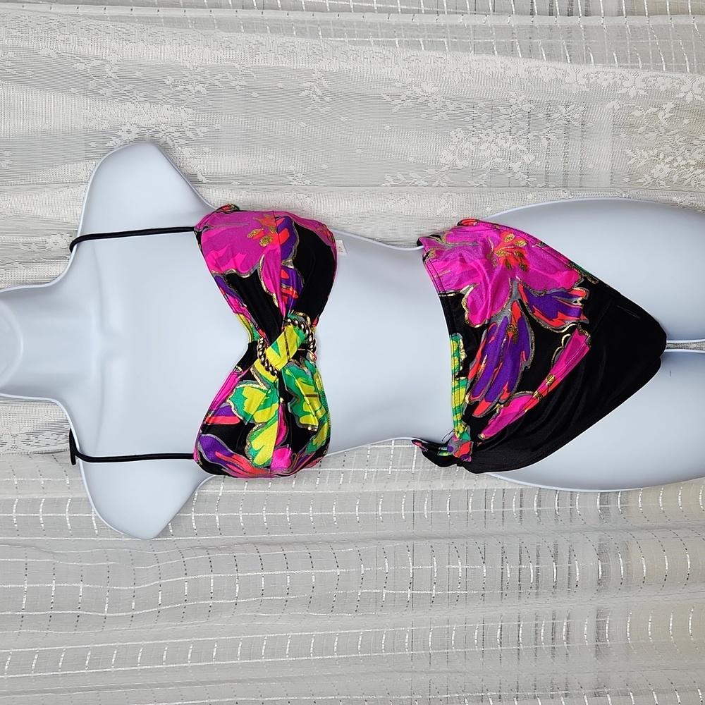 Vintage 90's Black & Neon Abstract Print High Waist Wrap Bikini 2 Pc Swim Sz10